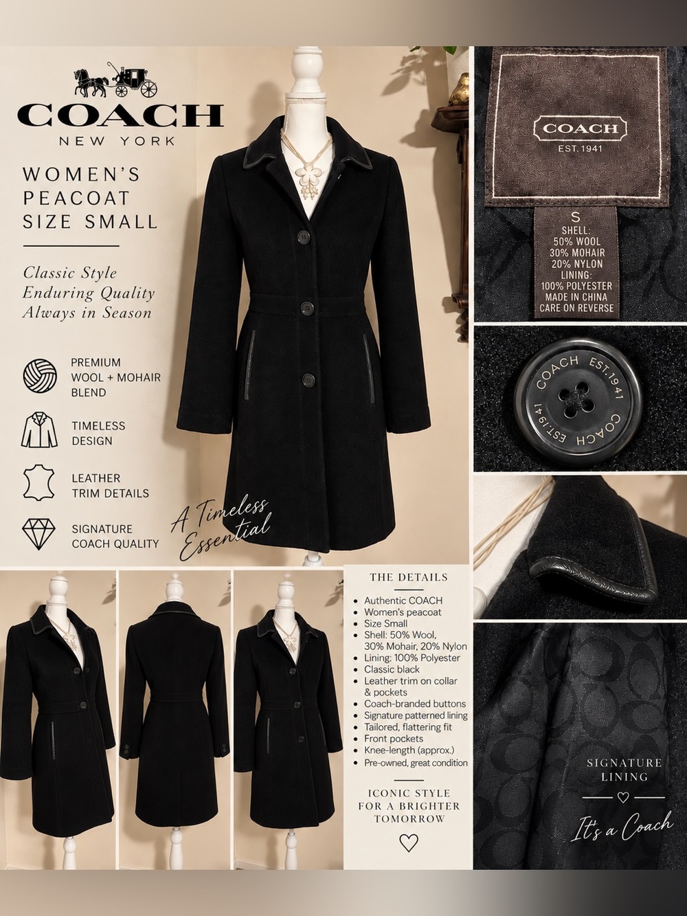 COACH Women’s Black Wool Mohair Coat Size Small – Leather Trim Peacoat